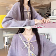 韩系甜美风软糯蝴蝶结蕾丝系带领毛衣开衫女秋冬款高级感软糯小衫