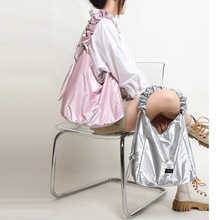 韩版简约抽绳皱褶腋下包小众时尚银色双面垃圾袋包包大容量单肩包