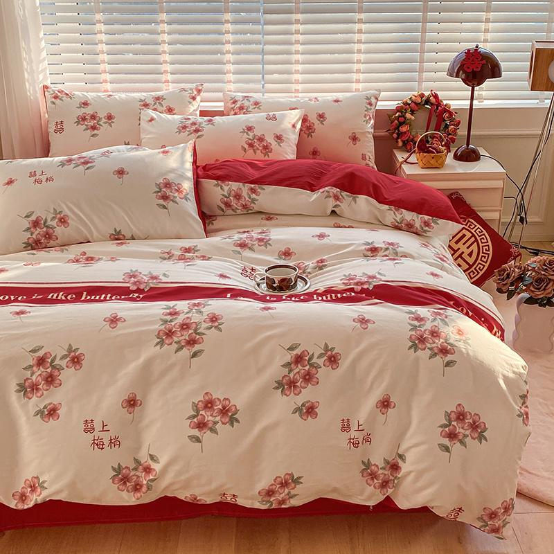 77n新中式婚庆四件套新婚纯棉100床单被套大红色结婚房床上用品4