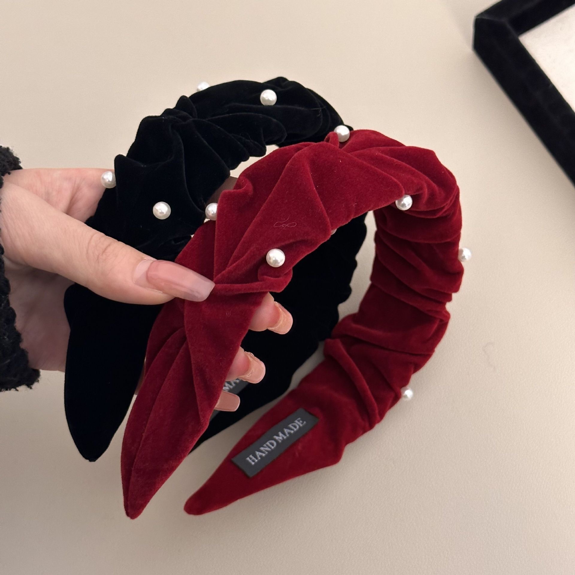 发箍褶皱款式时尚百搭秋冬复古丝绒防珍珠发箍高颅顶宽边女士发箍