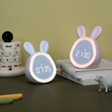 卡通圆圆兔闹钟小夜灯学生宿舍数字显示儿童唤醒灯USB充电小闹钟