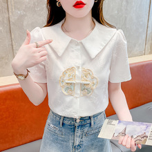 新中式刺绣短袖衬衫女夏季娃娃领百搭设计感国风小衫气质上衣女