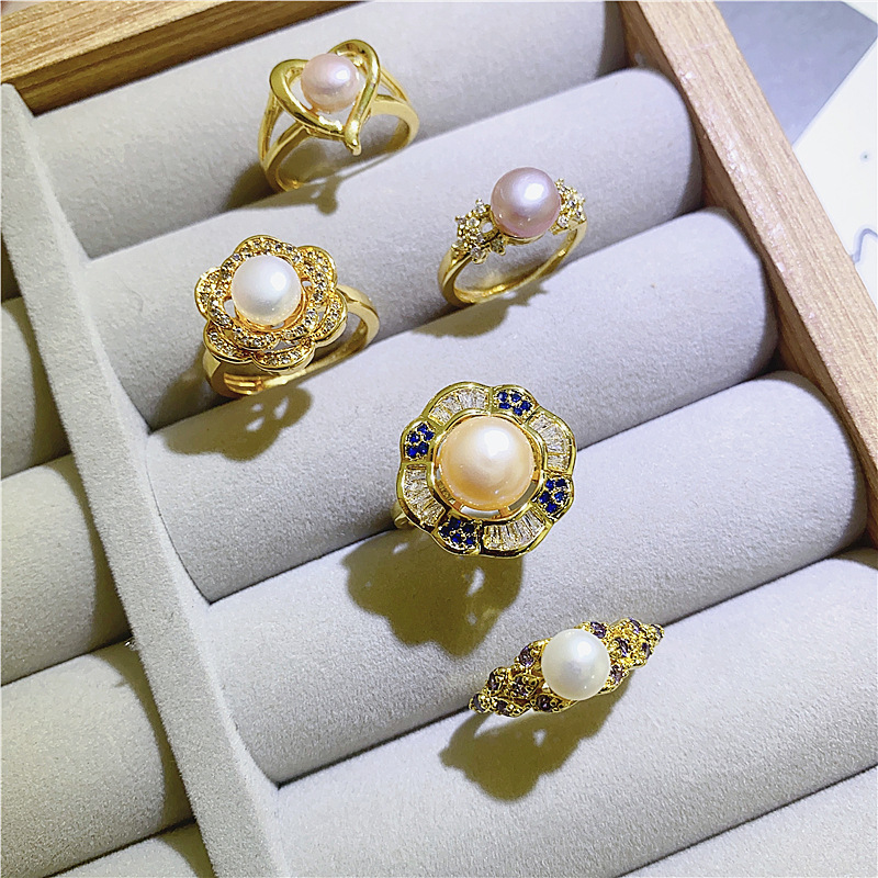 New Natural Freshwater Pearl Ring Light Luxury High-Grade Zircon Micro-Inlaid Opening Adjustable Color Retaining Ring Wholesale