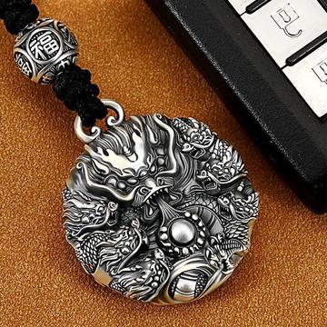 复古钛银九龙戏珠钥匙扣男女汽车龙头挂件高级车内用品挂饰吊坠