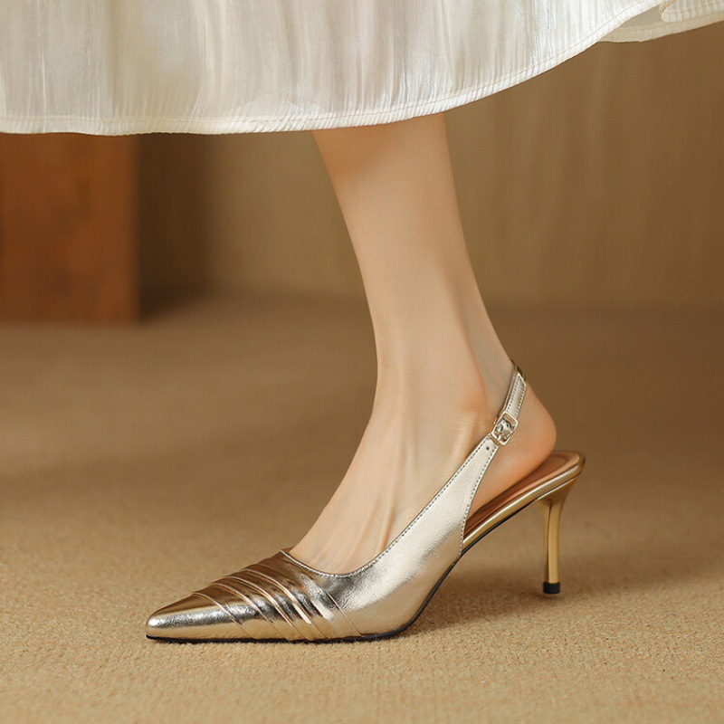 2024款法式银色尖头后绊带高跟鞋女夏季包头凉鞋时尚气质细跟单鞋
