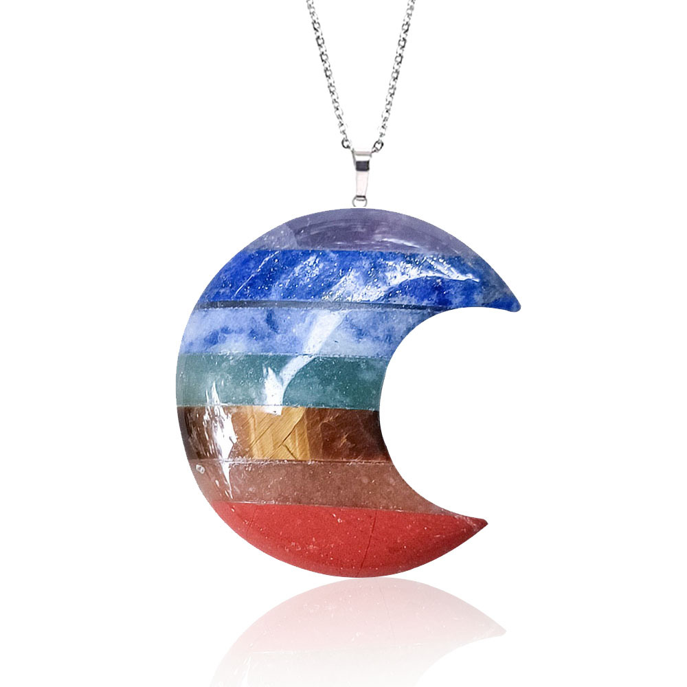 chakra月亮 天然水晶石拼接30mm月亮七彩吊坠 查克拉月牙儿批发