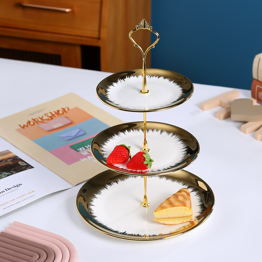 European Golden Rim Ceramic Cake Plate High-Grade Three-Layer Candy Plate Afternoon Tea Dessert Cake Stand Multi-Layer Fruit String Disk