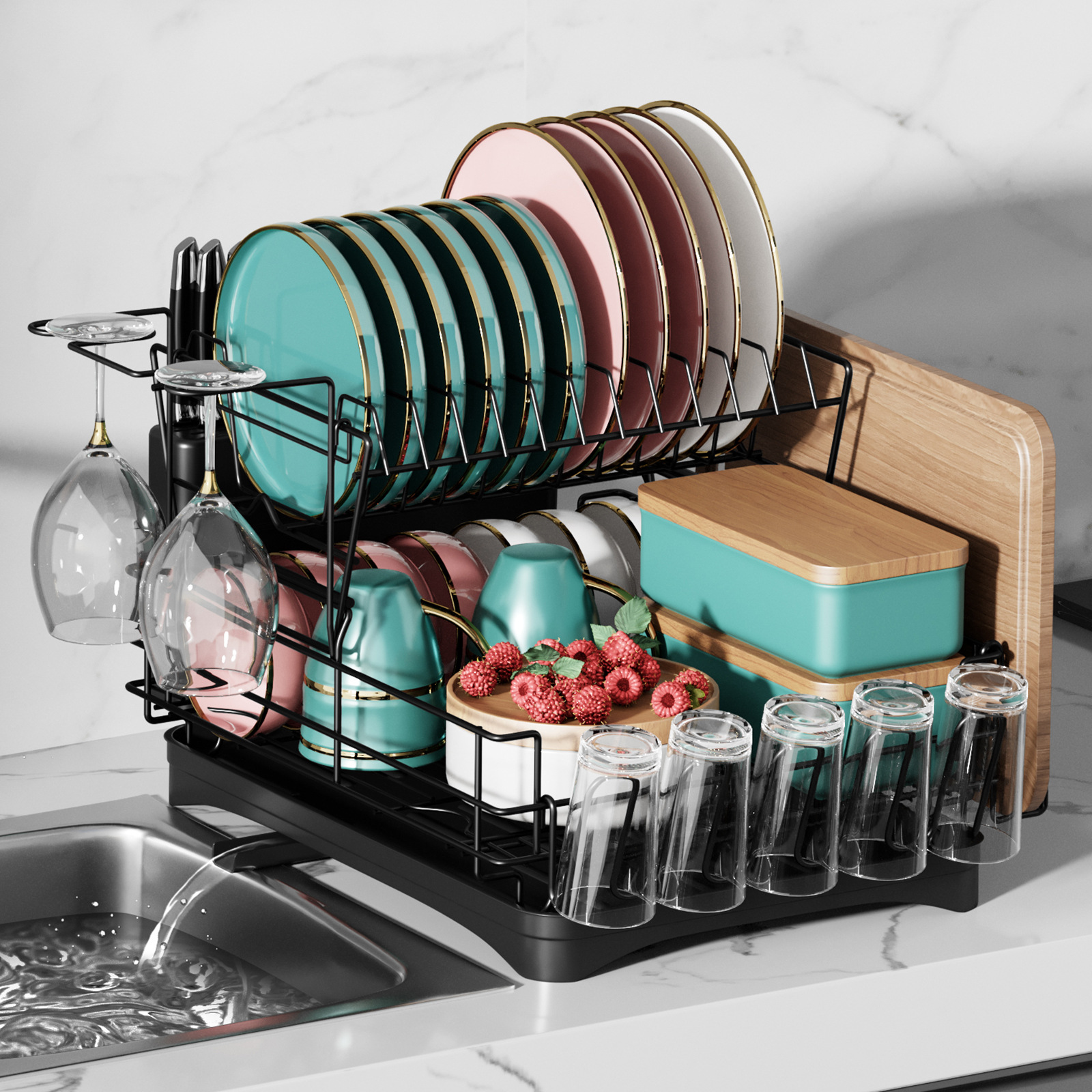 Cross-Border Amazon Dish Draining Rack Double-Layer Multifunctional Tableware Storage Rack Household Kitchen Water Cup Storage Rack