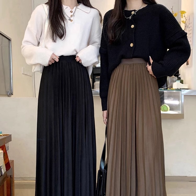 华格棉黑色百褶裙女半身裙中长款高腰a字裙春秋新款松紧腰裙子