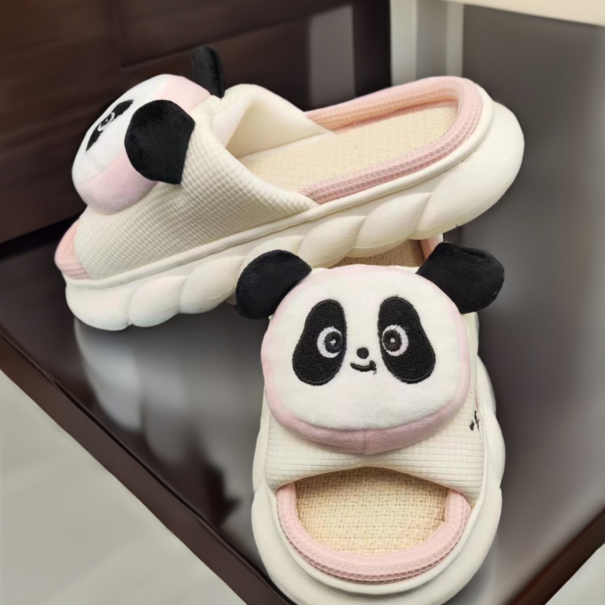 panda four seasons linen slippers women‘s cute home indoor spring and autumn cixi slippers thick bottom diablement fort slippers