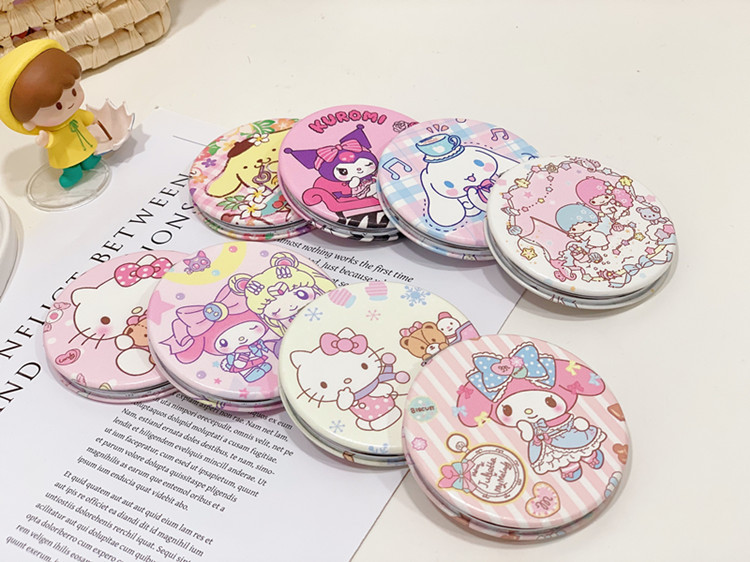 New Pu round Folding Mirror Girl Heart Convenient Portable Makeup Mirror Clow M White Double-Sided Picture Printing Mirror