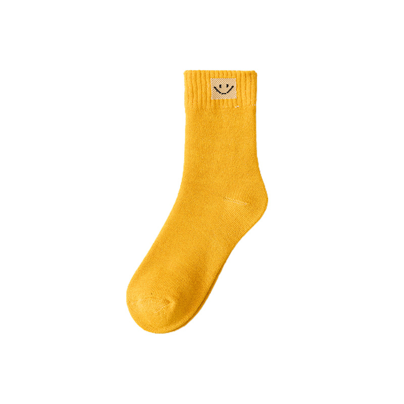 Winter New Warm Thick Small Smiley Face Terry-Loop Hosiery Fleece-lined Solid Color Mid-Calf Length Socks Casual Simple Floor Socks Wholesale