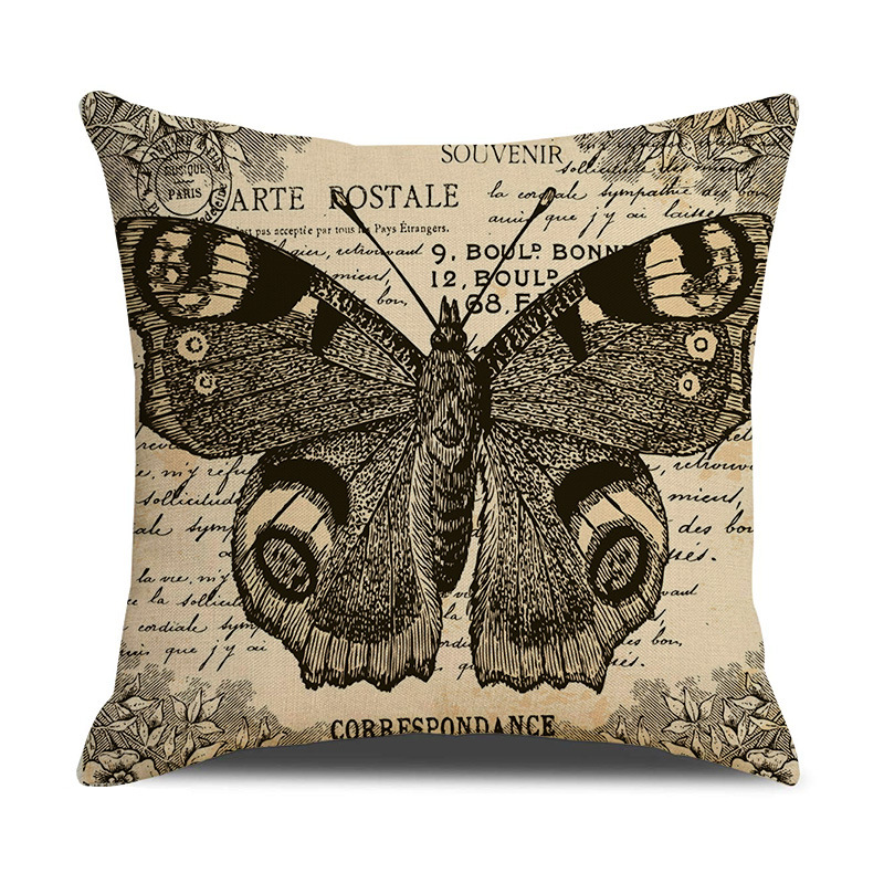 Cross-Border New Arrival Linen Vintage Home Butterfly Floral Sofa Throw Pillowcase Office Nap Living Room Pillow Cover