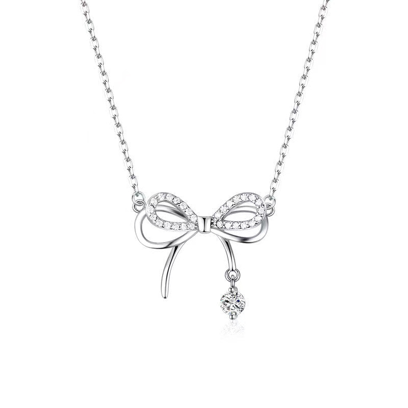 Bow Necklace Pendant Girl Heart Fresh Diamond Inlaid Clavicle Chain Gift Niche Design All-Match Necklace