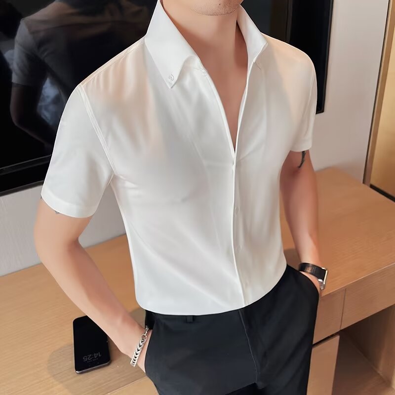 法式大领衬衫男士修身短袖夏季新款高级感商务痞帅v领白衬衣男