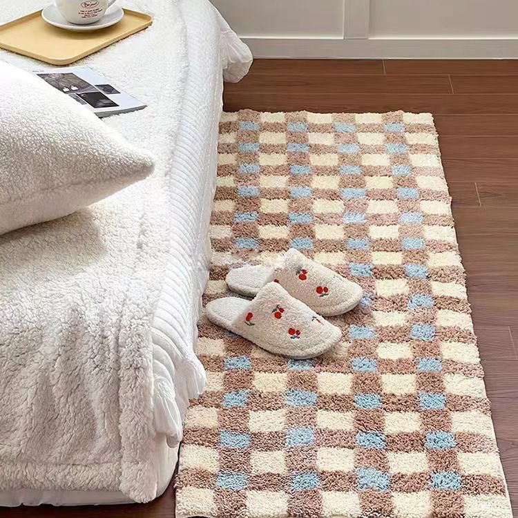 韩国同款复古风高级感棋盘格植绒地毯卧室防滑床边毯书房长条地垫