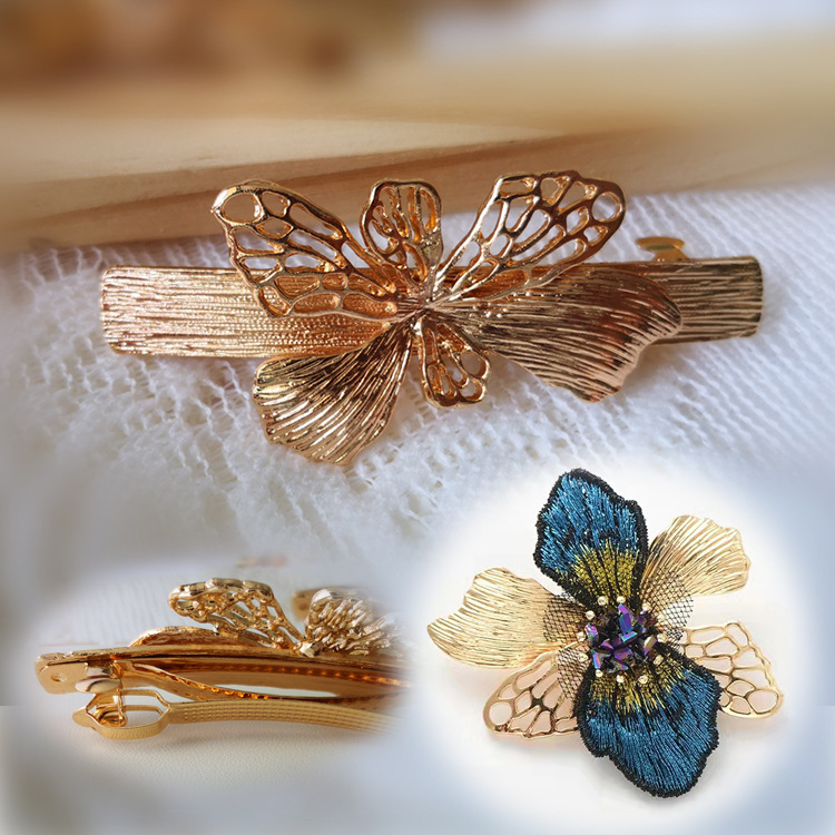 英华饰品配件diy铜制品发饰弹簧夹蝴蝶茜子发夹合金14k金保色