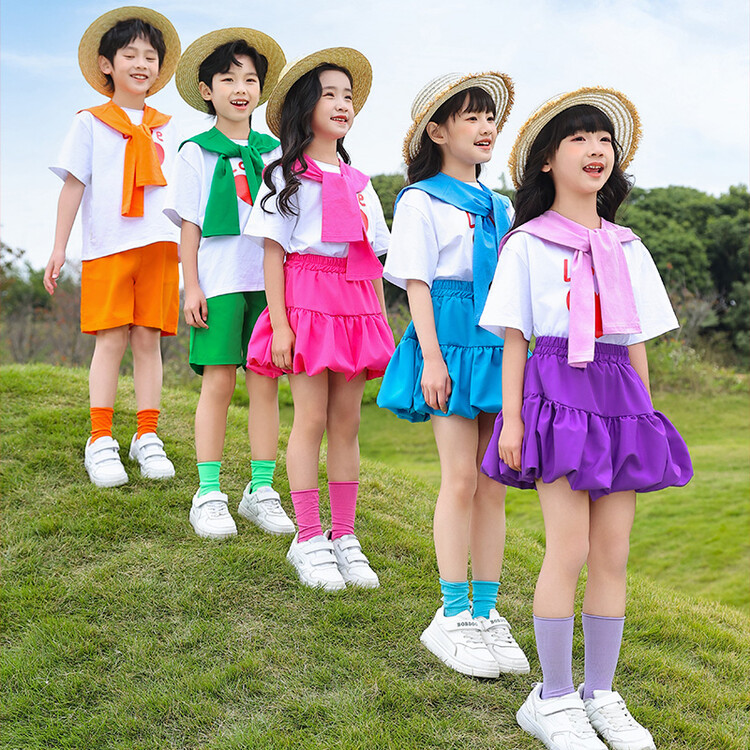 儿童表演服六一儿童节舞蹈服彩色棉布t恤幼儿园毕业服小学生3件套