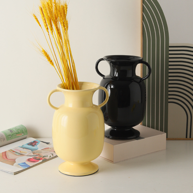 Simple Modern Milky Yellow Ceramic Binaural Vase Nordic Ins Style Flower Arrangement Desktop Decoration Crafts