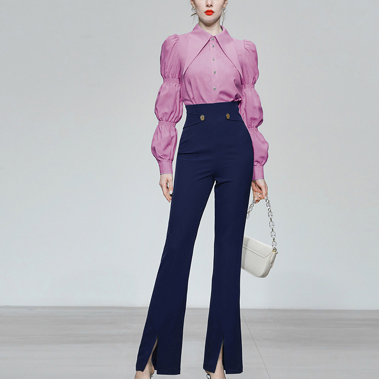 春装女装2022新款时尚翻领藕节袖百搭衬衣高腰显瘦喇叭长裤套装潮