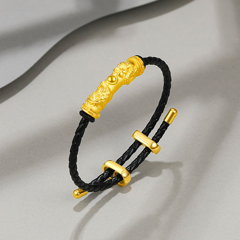 999足金黄金弯管手链手串龙凤转运珠3d硬金龙凤情侣串金手镯吊坠