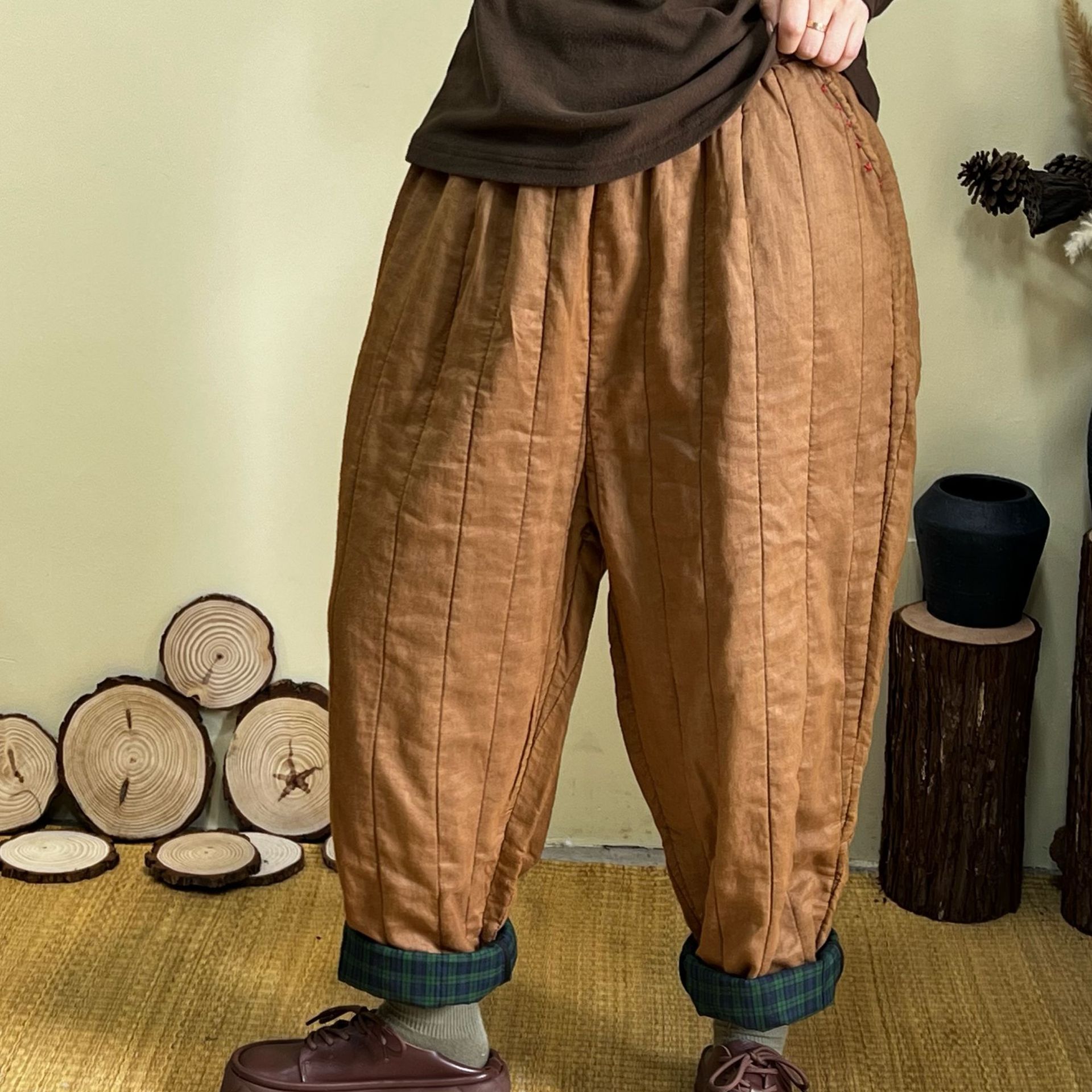 炒色亚麻棉裤女 加厚棉裤色织拼色棉麻长裤初冬新款复古风休闲裤