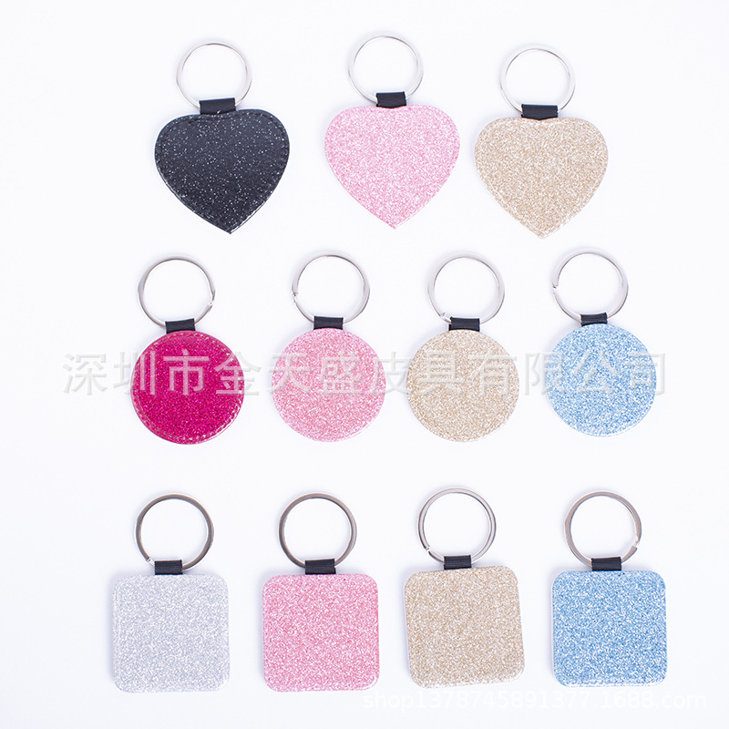 Sublimation Blank PU Leather Heat Transfer Printing Heart-Shaped Litchi Pattern Glitter Powder Keychain Christmas Ornament Source Manufacturer