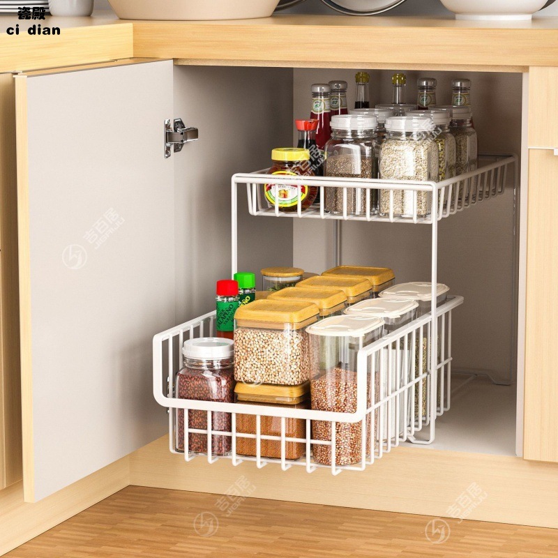 厨房抽拉篮下水置物架家用抽拉式调料台面置物架橱柜分层置物架