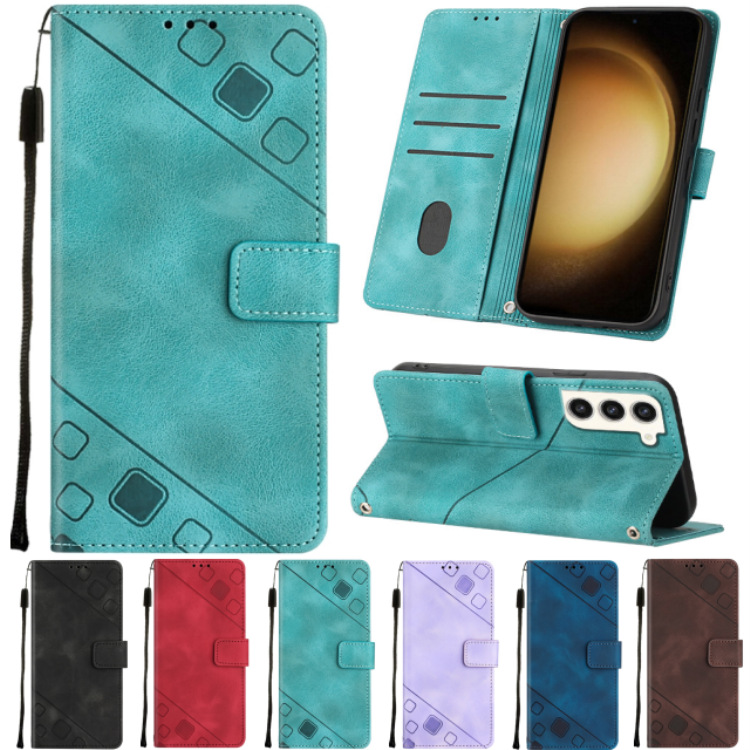 适用三星S23肤感压纹皮套NOTE20压花插卡翻盖手机套A14钱包保护套