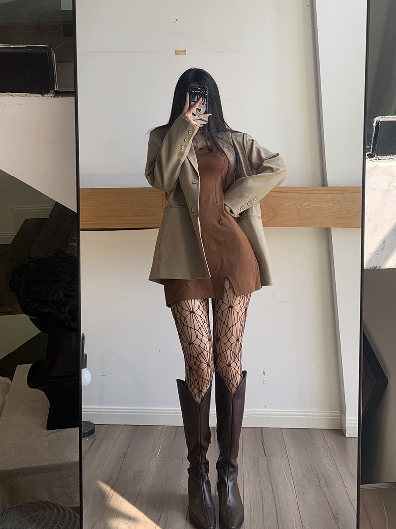 一件代发黑色吊带丝袜蕾丝性感显瘦网格镂空几何图形薄款连裤袜时