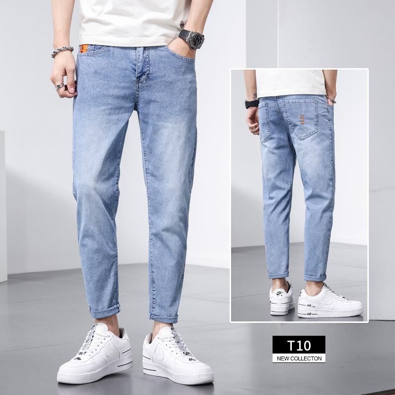 Cropped Jeans Men's Summer Thin Loose Straight Fashion Brand Ins Versatile Stretch Light Color Casual Cropped Pants