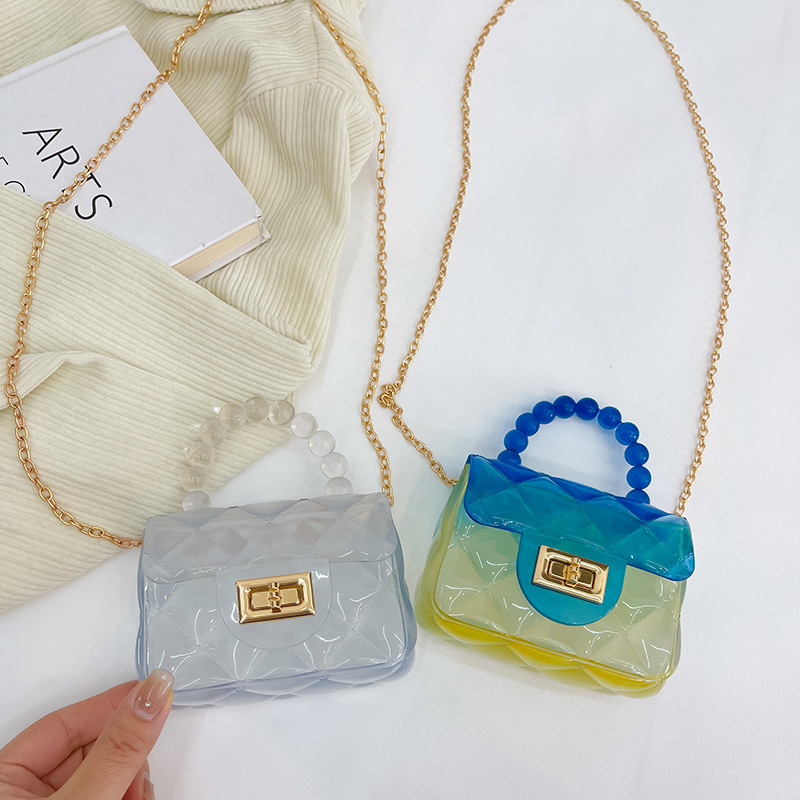 Gel Bag 2024 New Transparent Small Square Bag Women's Fashion Crossbody Lipstick Pack Children's Princess Pearl Chain Bag