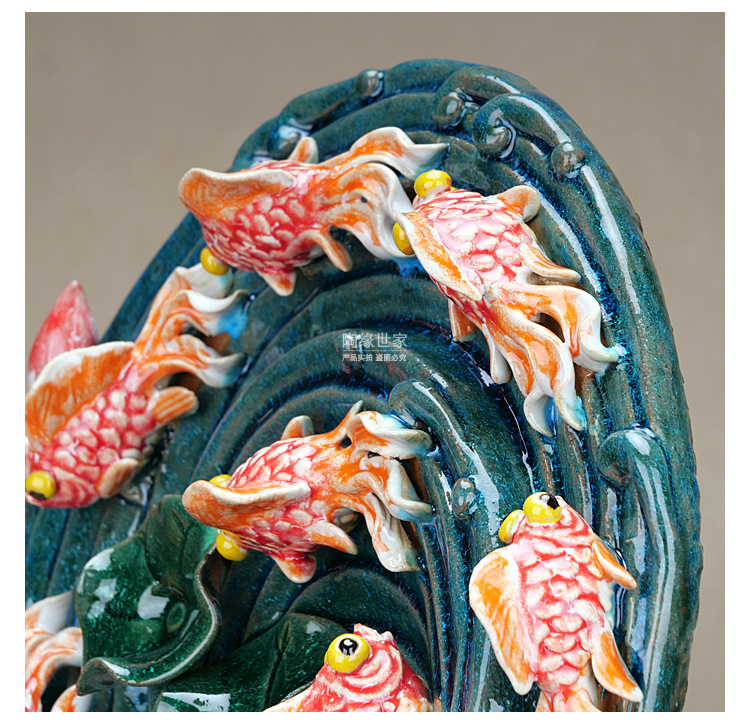 石湾公仔陶瓷九条小金鱼创意荷花装饰摆件客厅沙发电视柜两边摆设