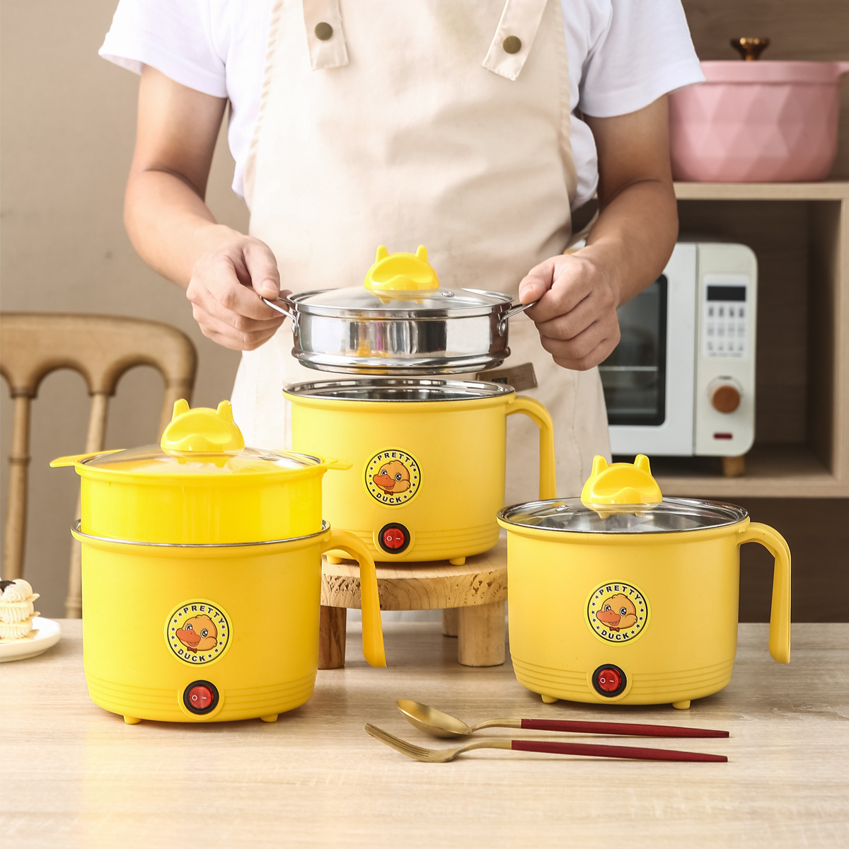 Multi-Functional Student Pot Small Dormitory Electric Food Warmer Small Yellow Duck Electric Caldron Stainless Steel Cooking Integrated Non-Stick Pan