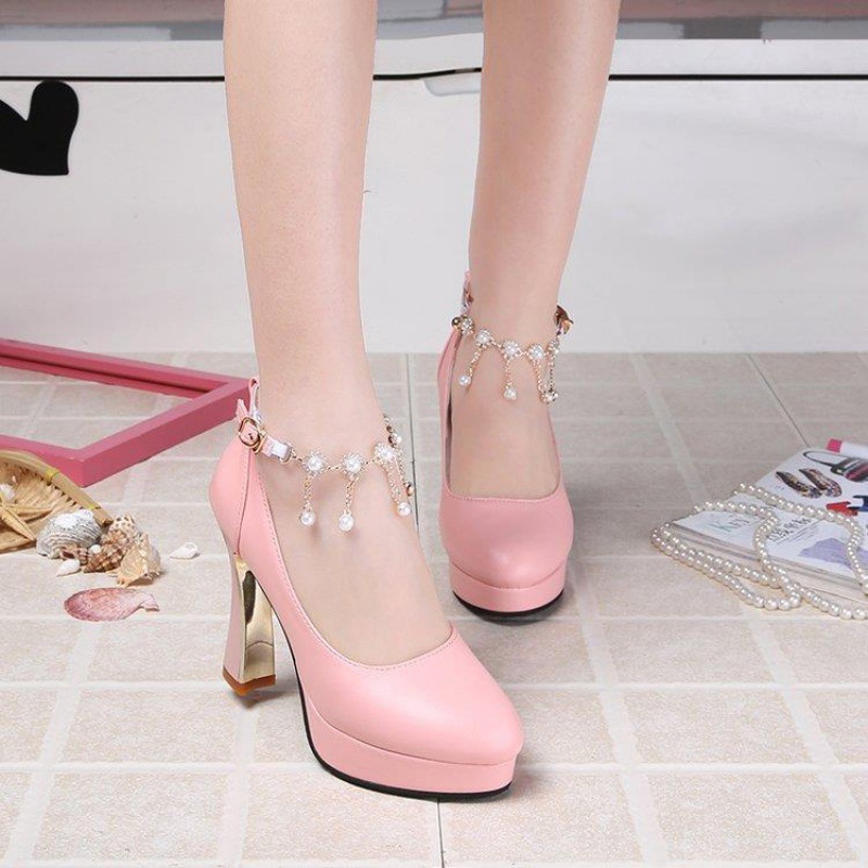 一字扣细跟高跟鞋性感高挑单鞋女圆头水钻防水台甜美圆头公主鞋潮