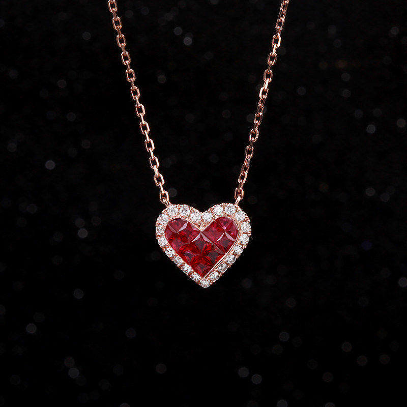 爆款甜美仿鸽血红宝石心形吊坠项链镀925银仿钻彩宝项链个性ins风