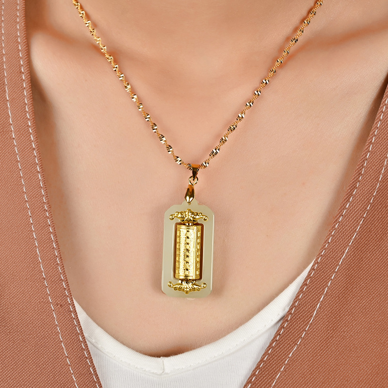 足金999金镶玉百福转运筒时来运转转运筒24k男女吊坠项链中秋礼品