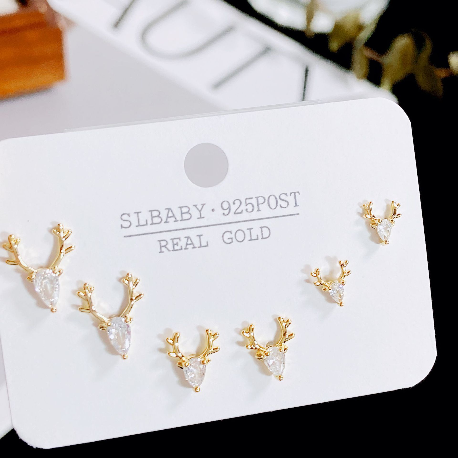 Slbaby Exquisite Small Diamond-Embedded Three Pairs of Earrings Sterling Silver Needle More than Simple Graceful Pairs Earring Storage