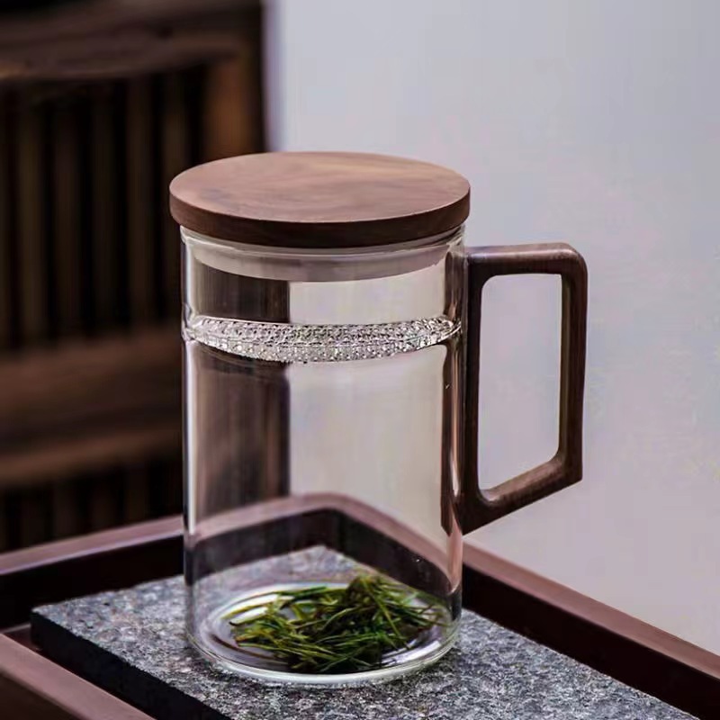 带月牙过滤单层杯大容量木把高硼硅玻璃绿茶泡茶杯家用花茶杯水杯