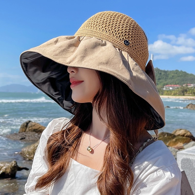 Sun Hat Female Summer Uv Protection Face Cover Sun-Proof Hat Air Top Big Brim Foldable Ponytail Beach Sun Hat