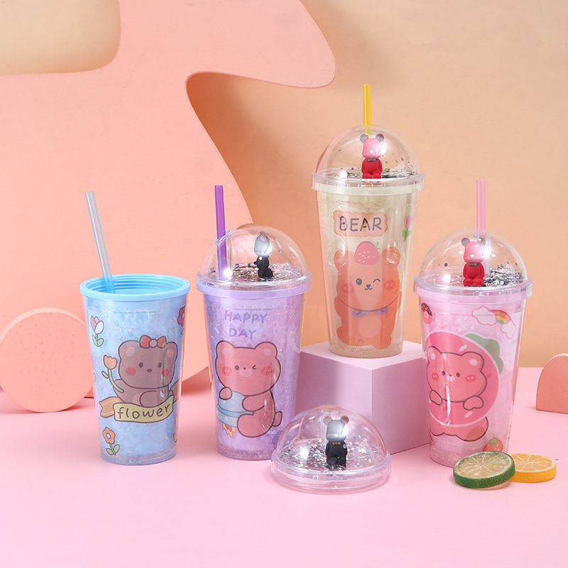 Creative Ice Crushing Bear Plastic Water Cup Portable Anti-Fall Summer Ice Glass Cartoon Double Plastic Straw Cup Wholesale
