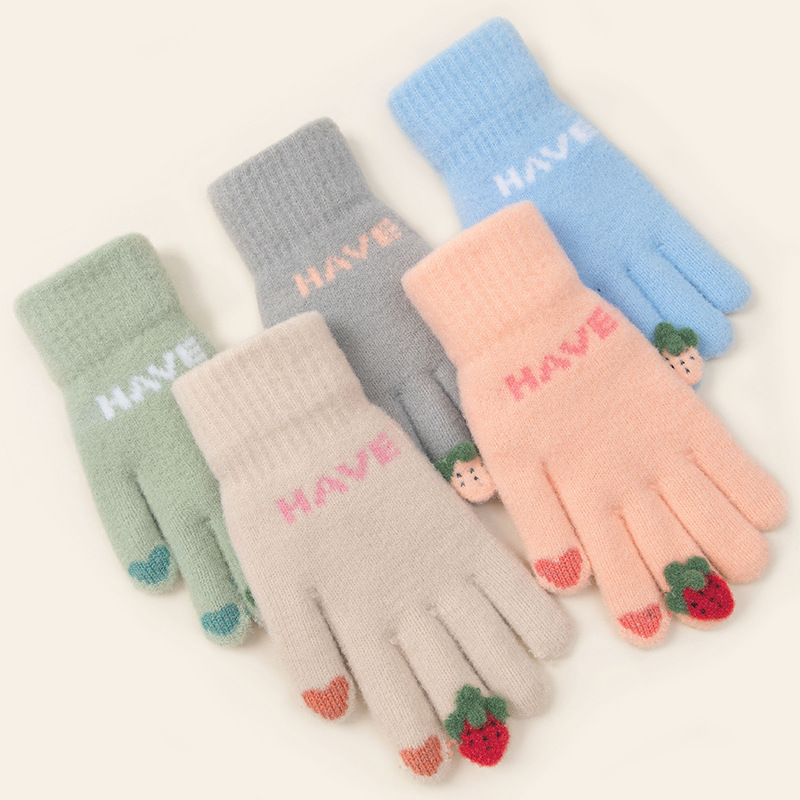 Women's Autumn and Winter Finger Cute Touch Screen Cold-Proof Thermal Knitting Fleece-Lined Cycling Riding Gloves Wholesale Five Fingers