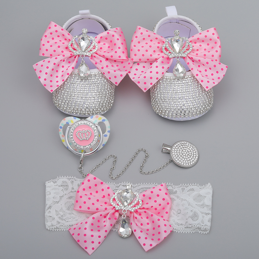 Pacifier Princess Shoes and Headband with Crown Bright Crystal Baby Toddler Shoes Soft Sole Set Factory Direct Sales