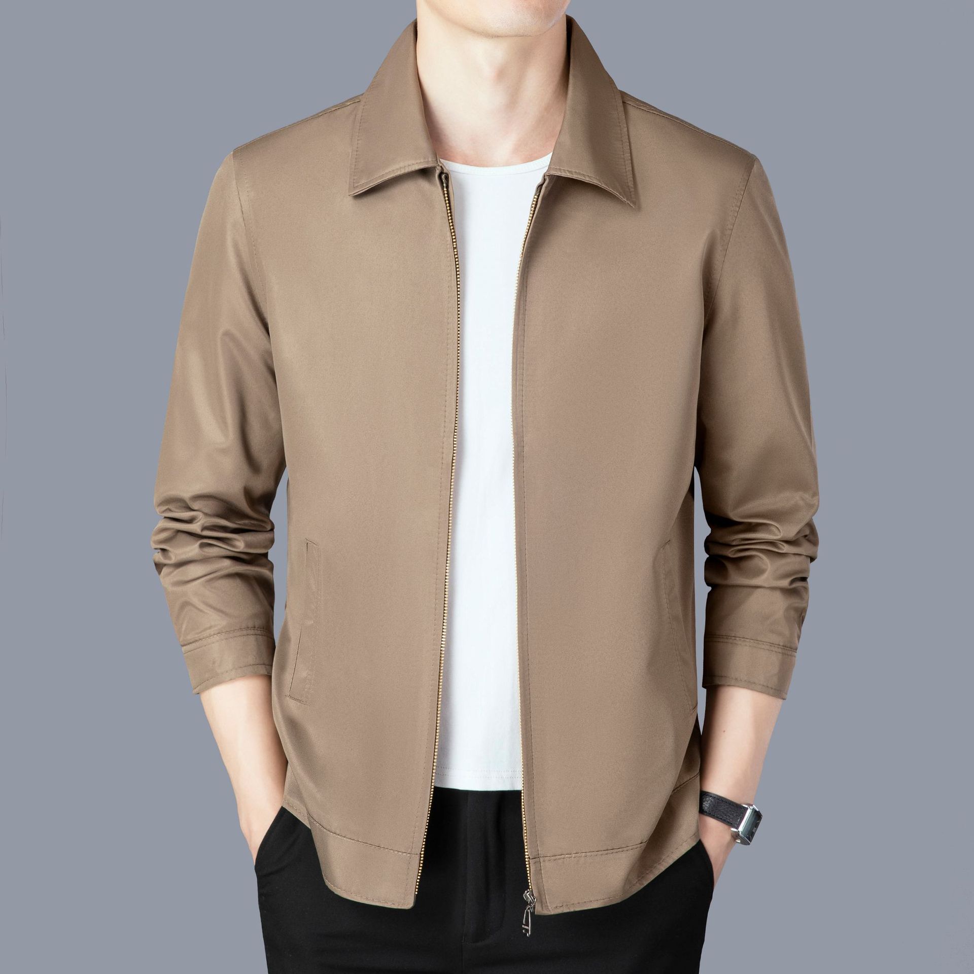 男士跑量夹克男春秋新款翻领休闲茄克中老年商务男装秋装简约外套