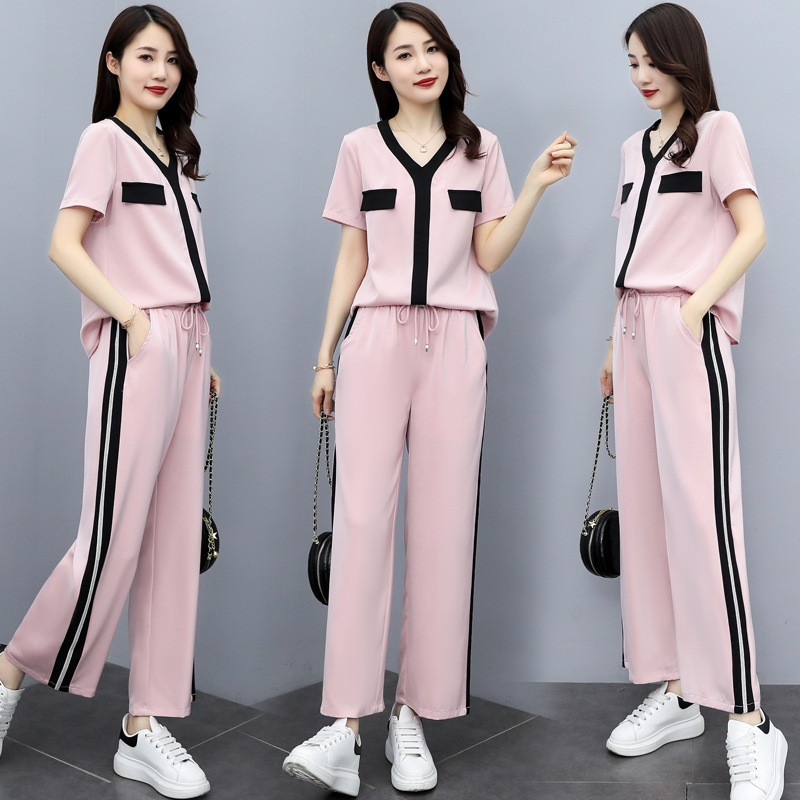 2021年夏季新款女装休气质休闲撞色时尚套装两件套