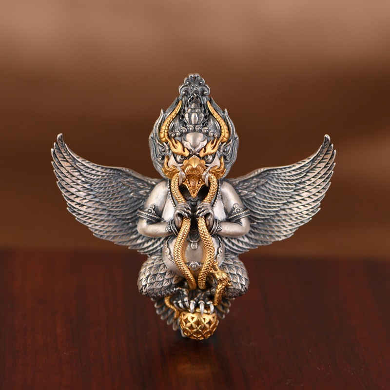 巧匠灵工 s925银鎏金吊坠复古做旧金翅大鹏鸟银蛇玲珑球男款项坠