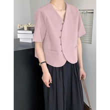 时尚粉色短袖纯色西装外套女夏季新款小香风气质V领薄款西服上衣