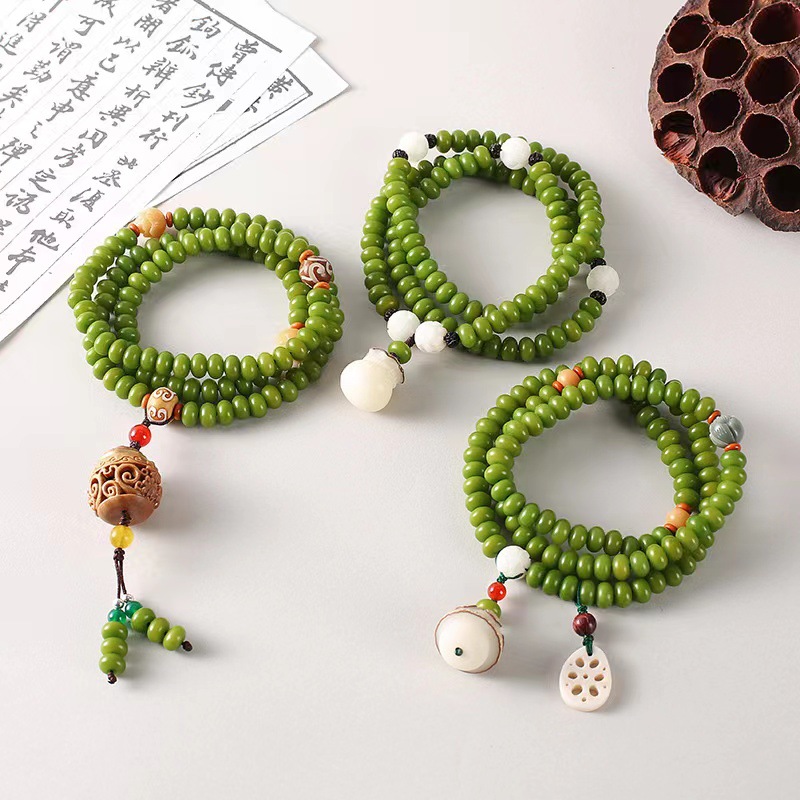 佳偶夭成绿菩提蘑菇搭配藕片108颗6*9算盘手串项链毛衣链绿菩提手