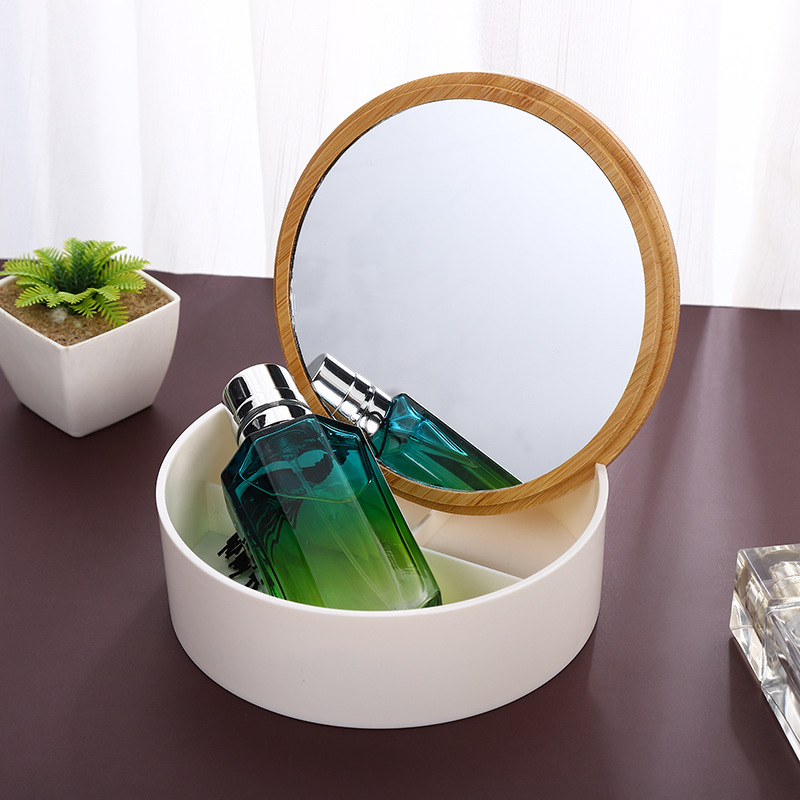 Daifa Desktop Cosmetics Storage Box Mirror Dormitory Vanity Box Dustproof Portable Accommodation Bamboo Cover Lipstick Shelf