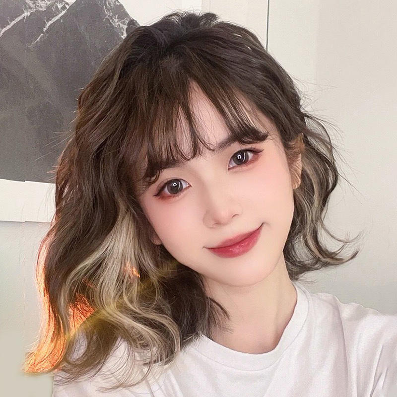 云朵烫假发短发女全头套自然仿真挑染水波纹羊毛卷圆脸发型假发套